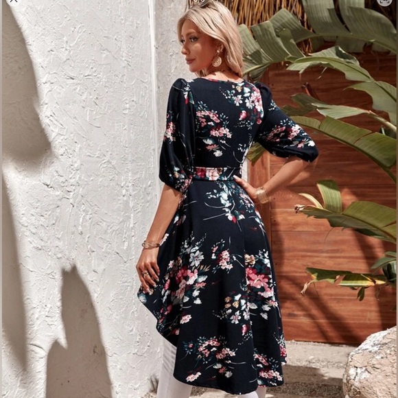 Floral Print Lantern Sleeve High Low Belted Tee - Picture 3 of 3